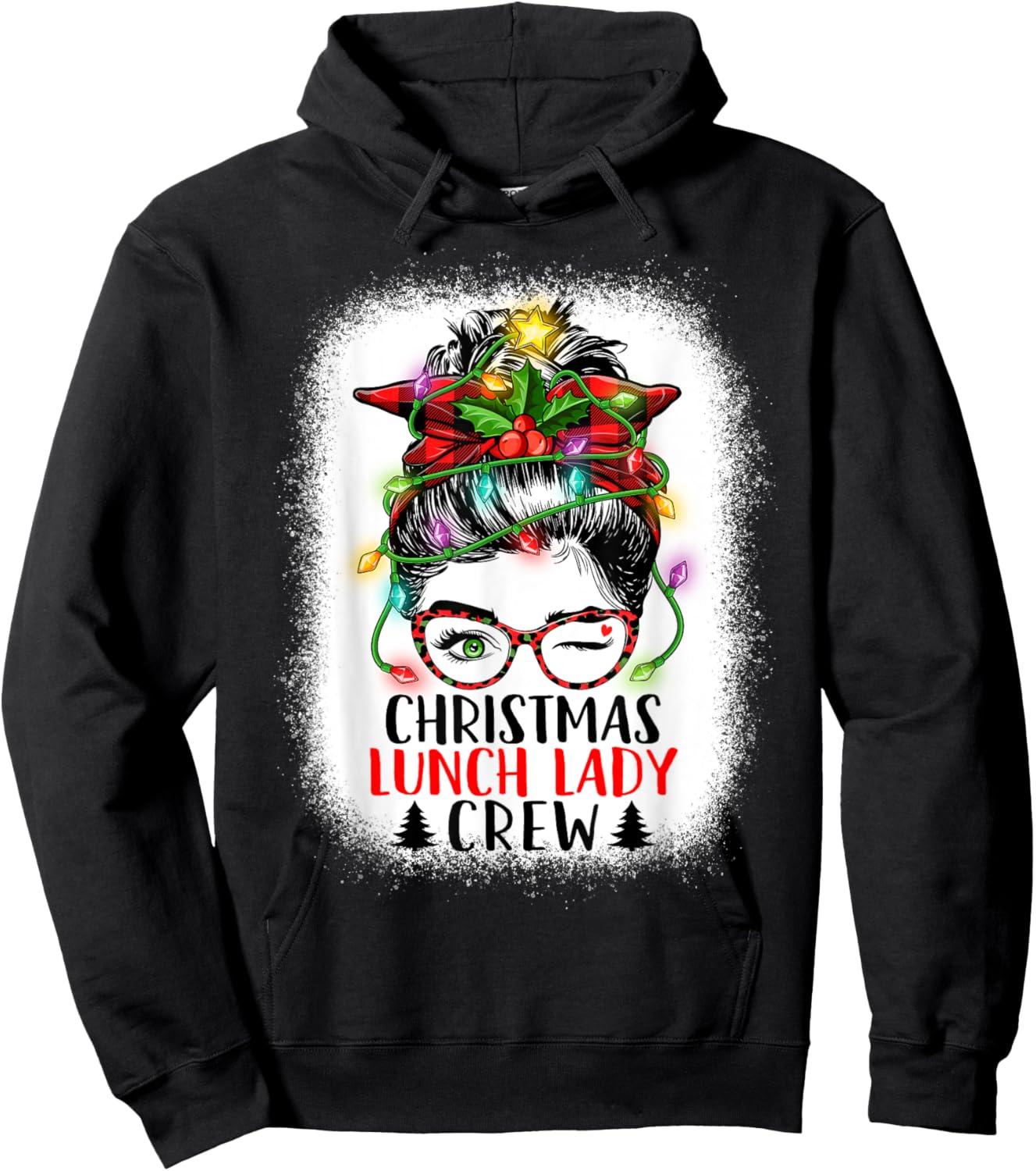 Christmas Lunch Lady Crew Messy Bun Women Christmas Lights Hoodie - Hoodie | Black