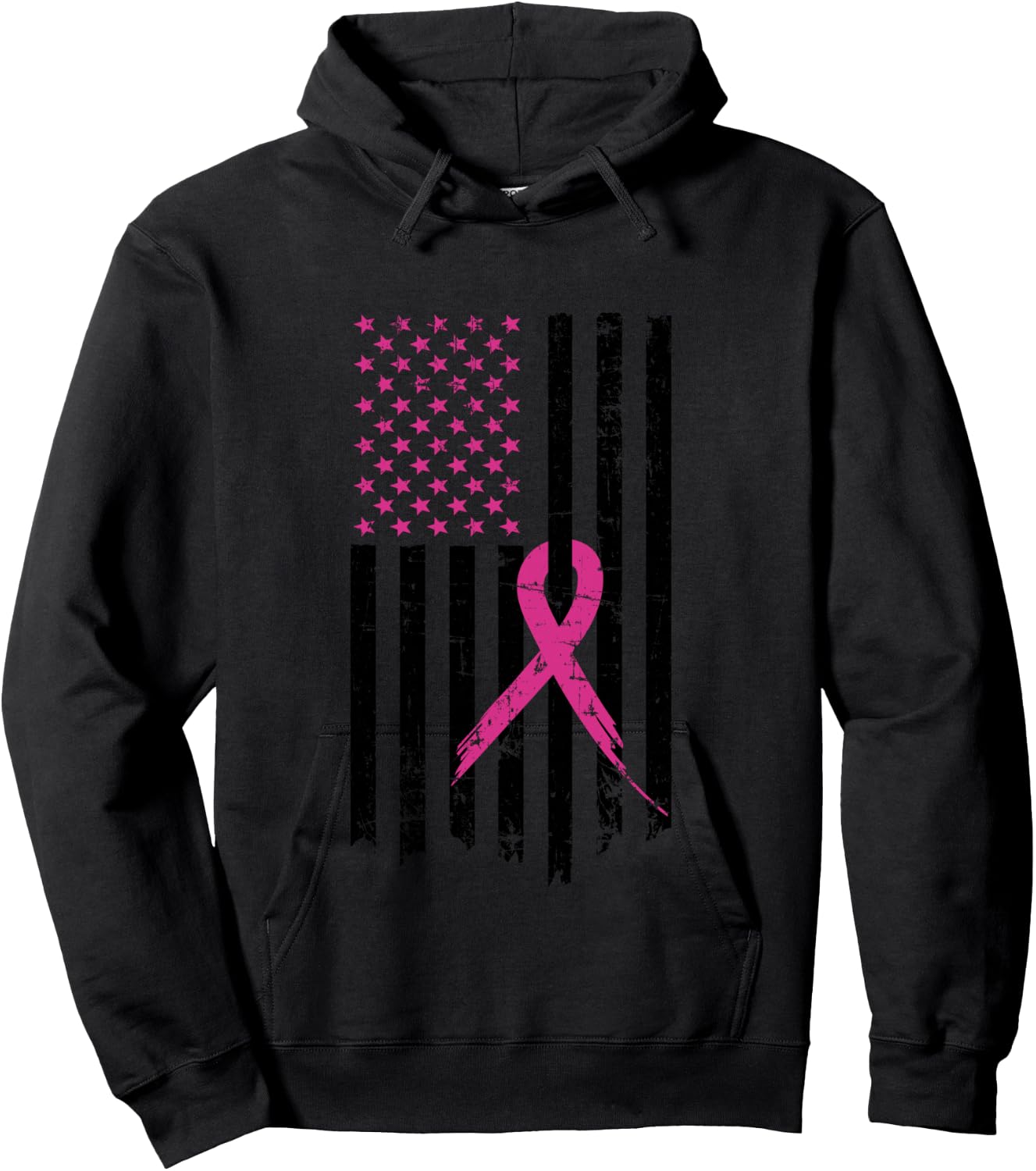 Breast Cancer Awareness Pink Ribbon American Flag Hoodie - Hoodie | Black