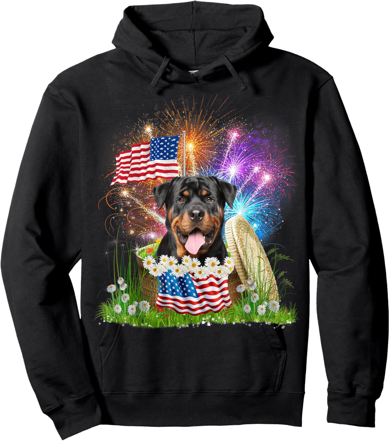 Rottweiler Patriotic American Flag Fireworks 4th Of July Hoodie - Hoodie | Black