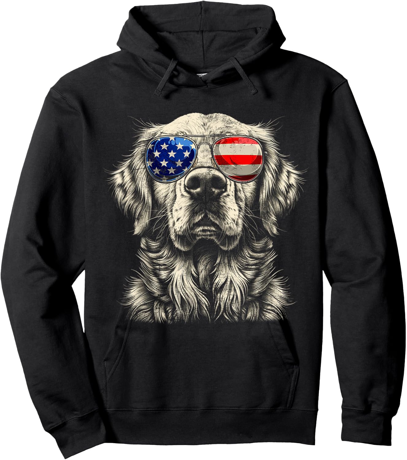 Vintage Art Golden Retrievers Dogs Wearing USA Flag Glasses Hoodie - Hoodie | Black