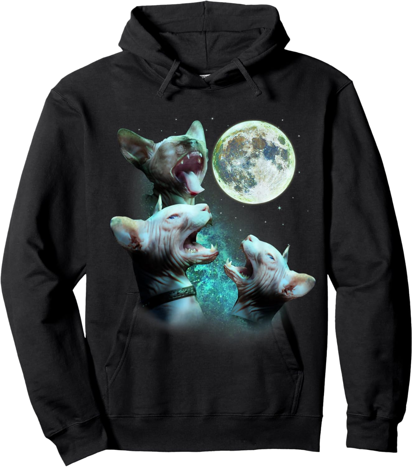 Three Hairless Sphynx Cats Howl At Moon 3 Wolfs Funny Parody Hoodie - Hoodie | Black