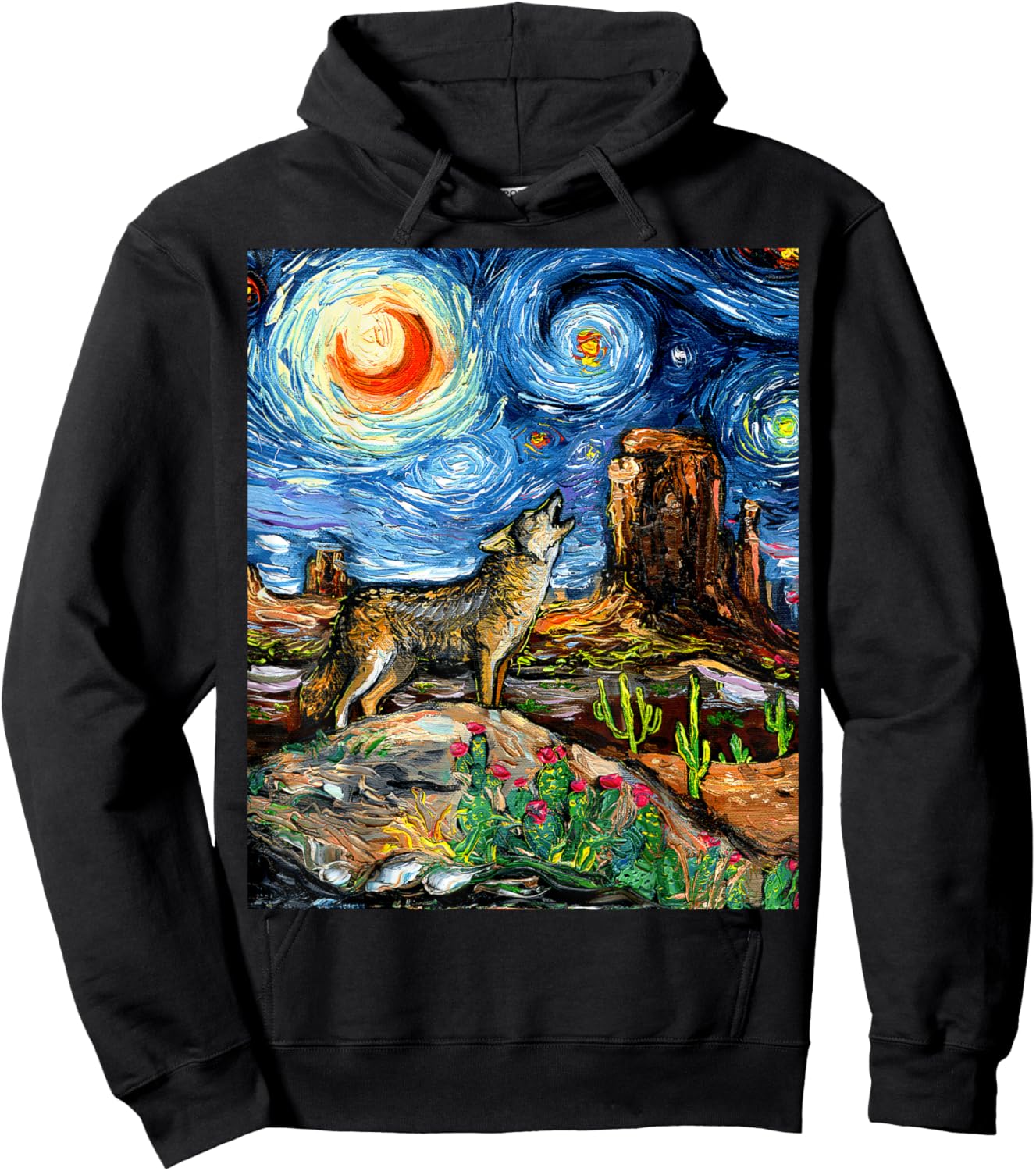 Coyote in the Southwestern Desert Starry Night Art by Aja Hoodie - Hoodie | Black