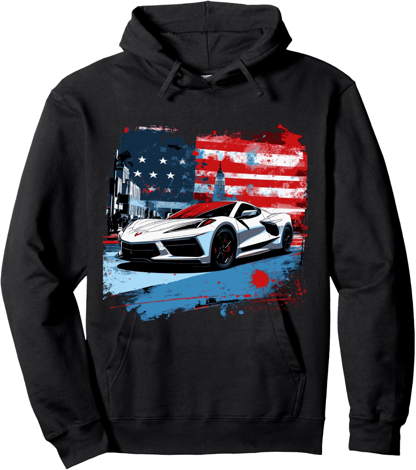 8th Gen C8 Vette Car Super Sports Car Patriotic USA Flag Hoodie - Hoodie | Black