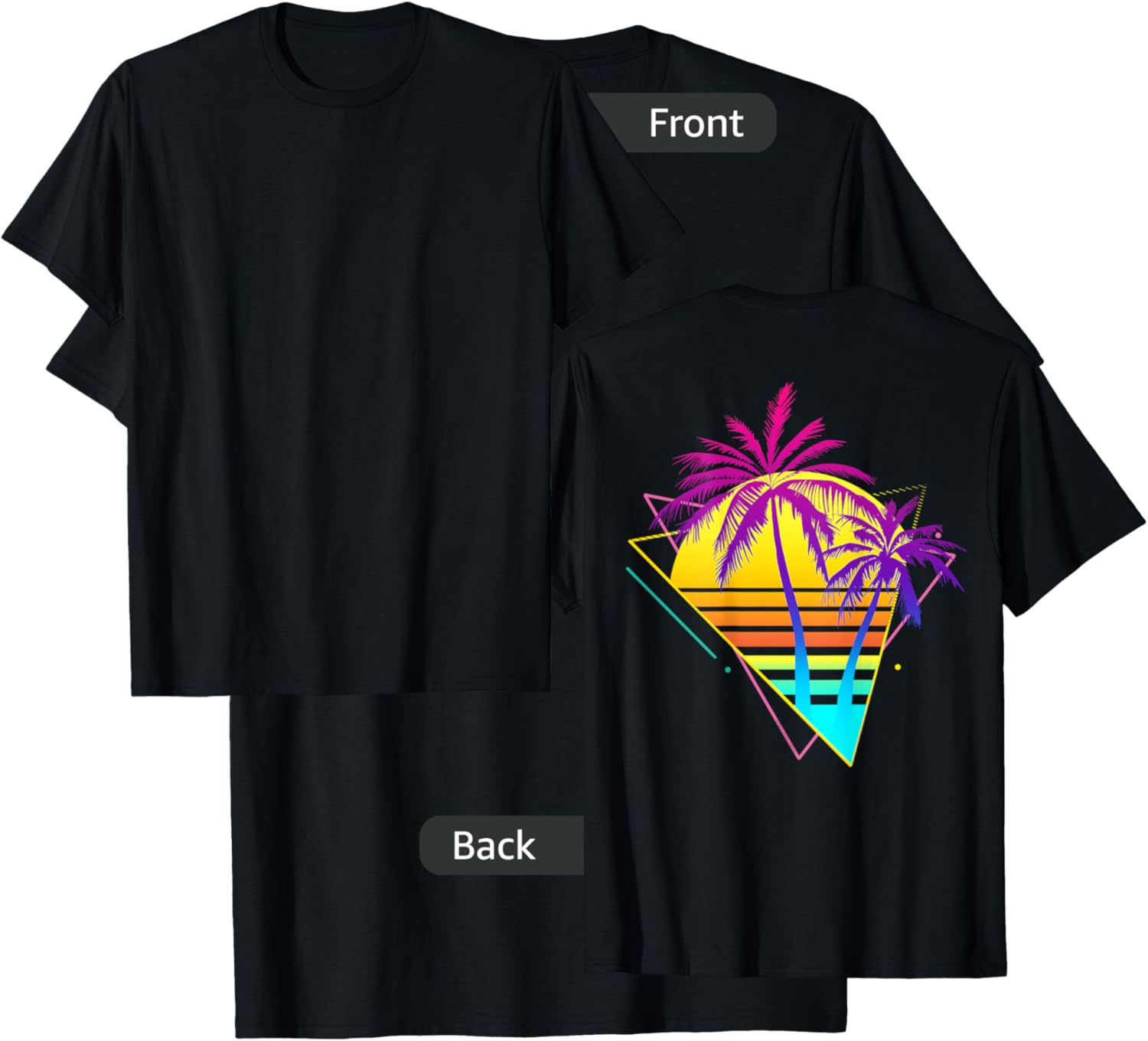 On Back - Retro 80s 90s Vaporwave Tropical Sunset Palm Trees T-Shirt - T-Shirt | Black