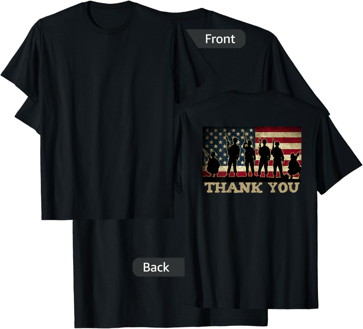 ON BACK THANK YOU Soldiers Veterans American Flag Military Kids Men T-Shirt - T-Shirt | Black
