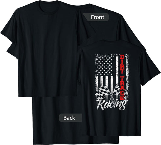 American Flag Dirt Track Racing Car Bike Driver - Back Print Girls Kids Men T-Shirt - T-Shirt | Black