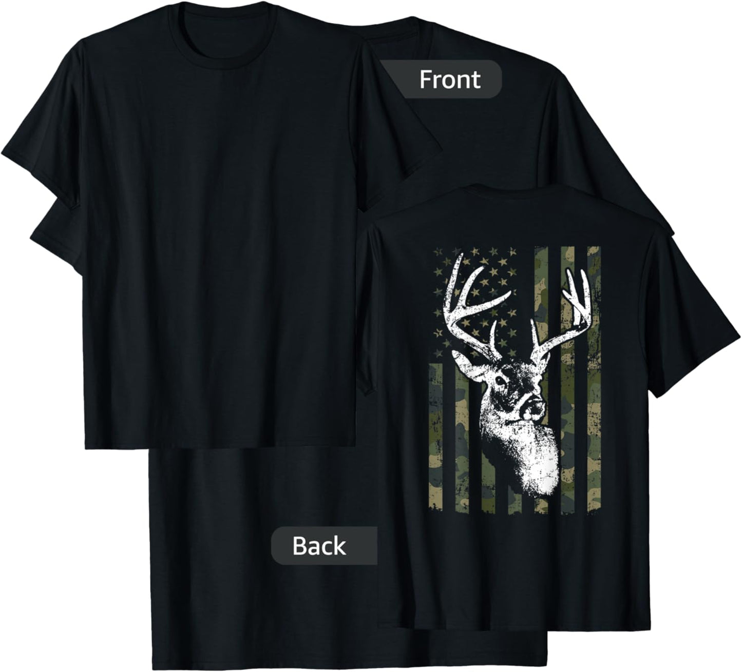 Whitetail Buck Deer Hunting USA Camouflage Flag - ON BACK T-Shirt - T-Shirt | Black