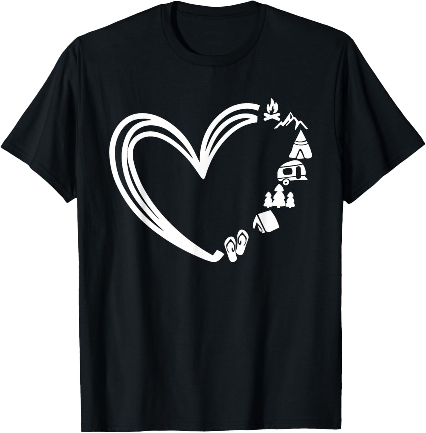 Cute Hiking Adventure Lover Gifts -Adults, Kids Black Heart Collarless Modern Lace Small Camping T-Shirt - T-Shirt | Black