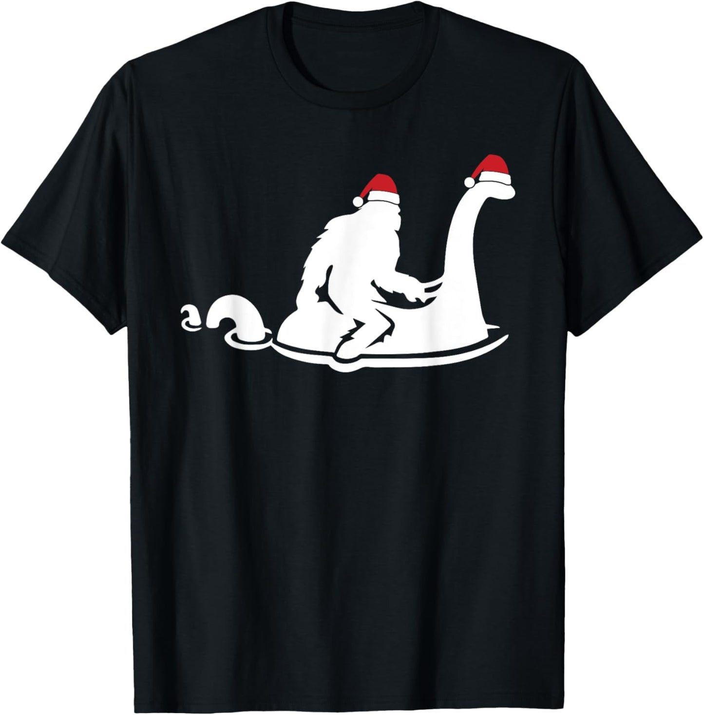 Bigfoot Riding Loch Ness Monster Christmas Funny XMas Pajama T-Shirt - T-Shirt | Black