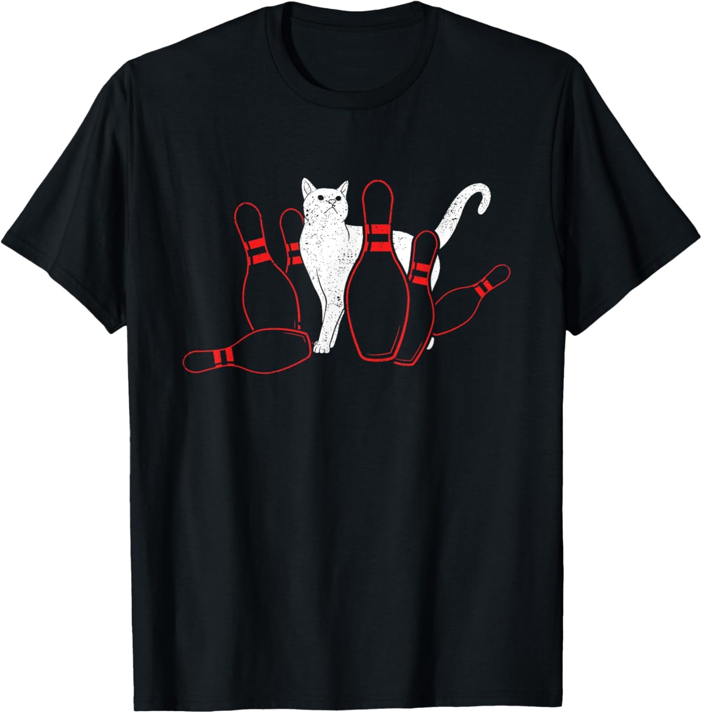 Cute Alley Cat Knocking Bowler Tipping Bowling Pin Kitty Men Women Girls Kids T-Shirt - T-Shirt | Black