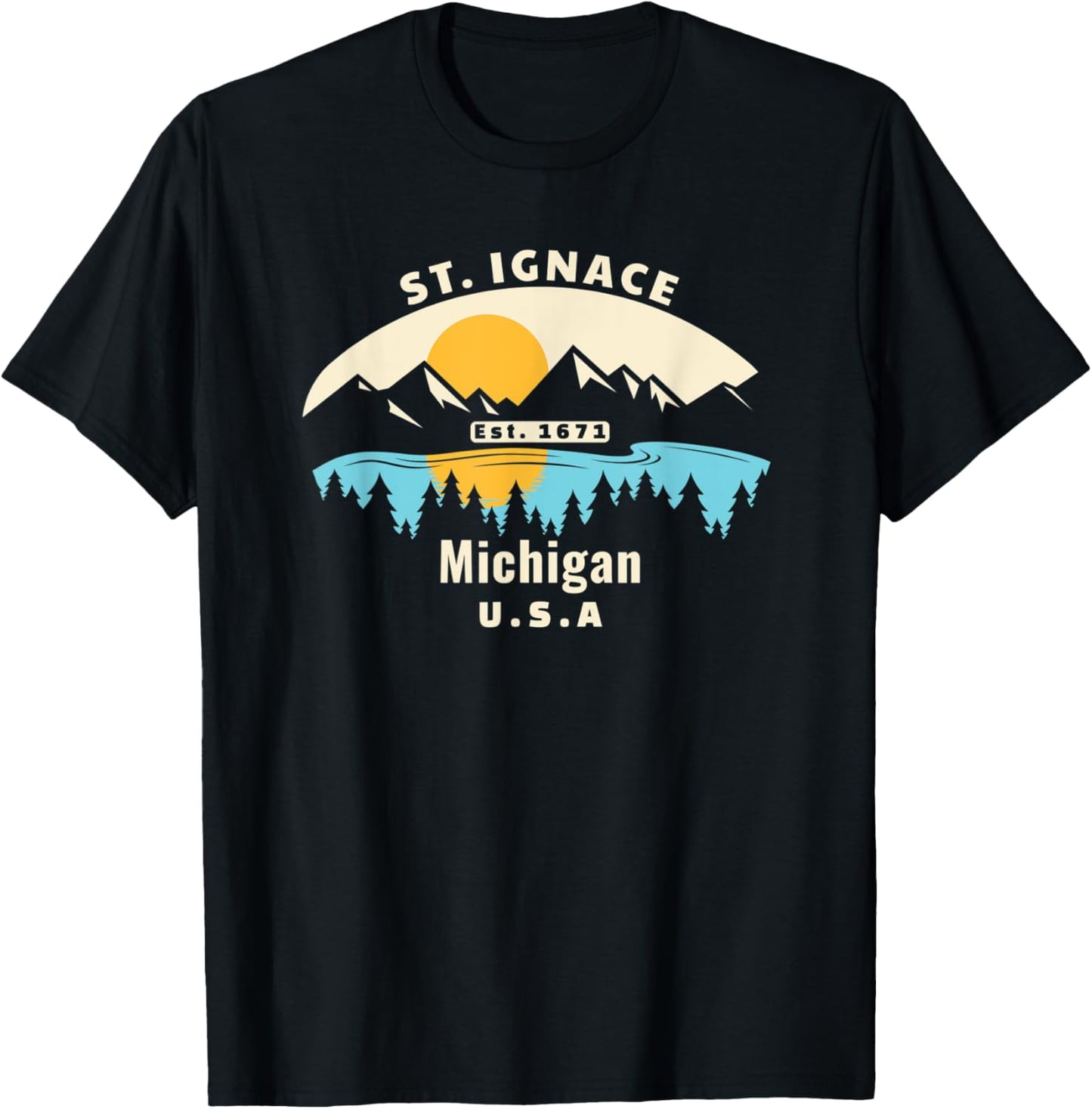 St. Ignace Michigan Souvenir Mountain Sunset River T-Shirt - T-Shirt | Black