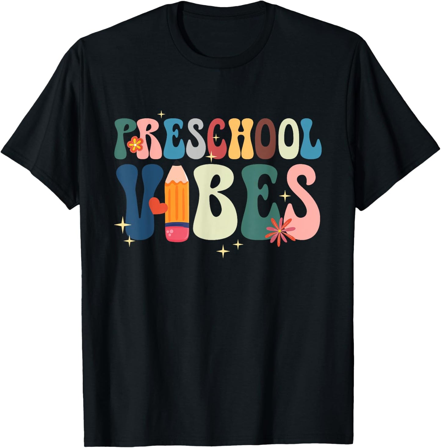 Hello Preschool Teacher Student Retro Groovy Preschool Vibes T-Shirt - T-Shirt | Black