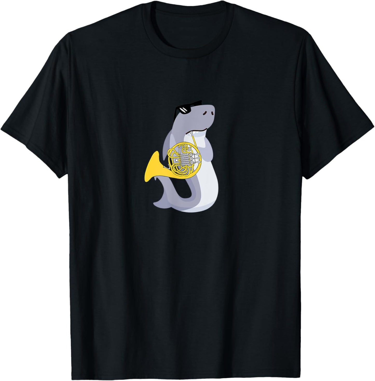 Funny Shark Wearing Sunglasses Playing French Horn T-Shirt - T-Shirt | Black