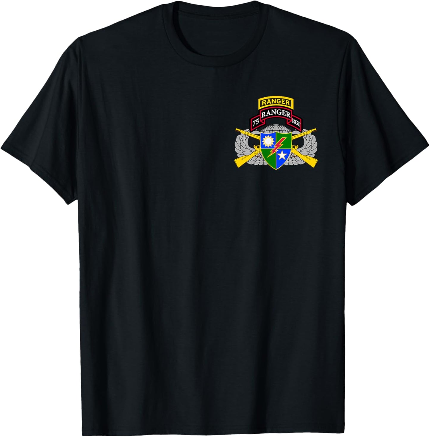 US Army Ranger - 75th Scroll, Tab, Airborne Wings, Rifles T-Shirt - T-Shirt | Black