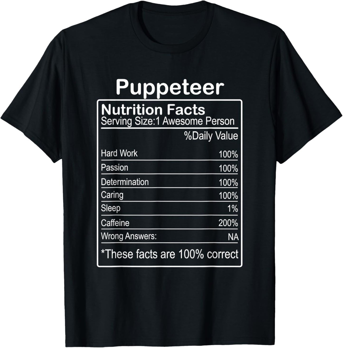 Puppeteer Nutrition Facts Funny Sarcastic T-Shirt - T-Shirt | Black