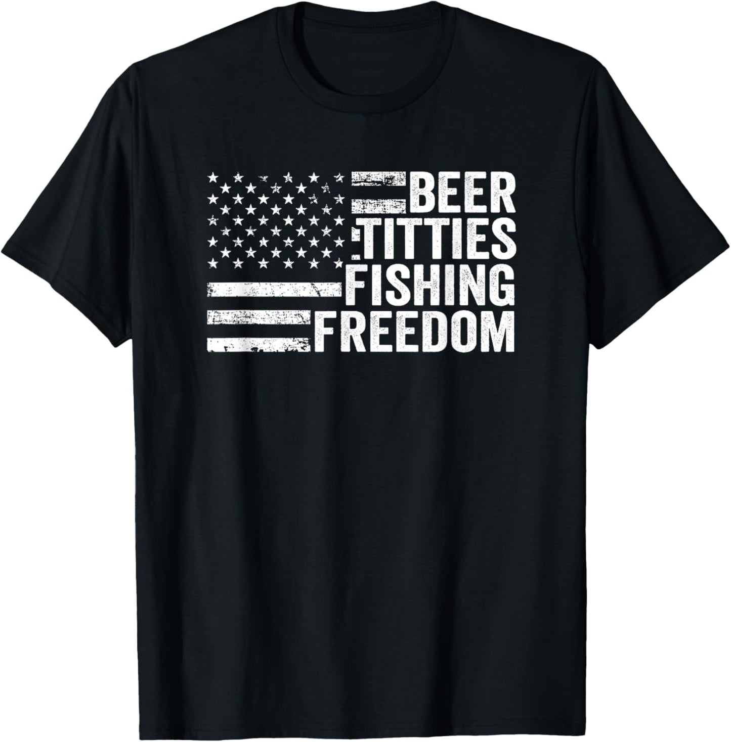 Beer Titties Fishing Freedom - Funny Drinking USA Flag T-Shirt - T-Shirt | Black