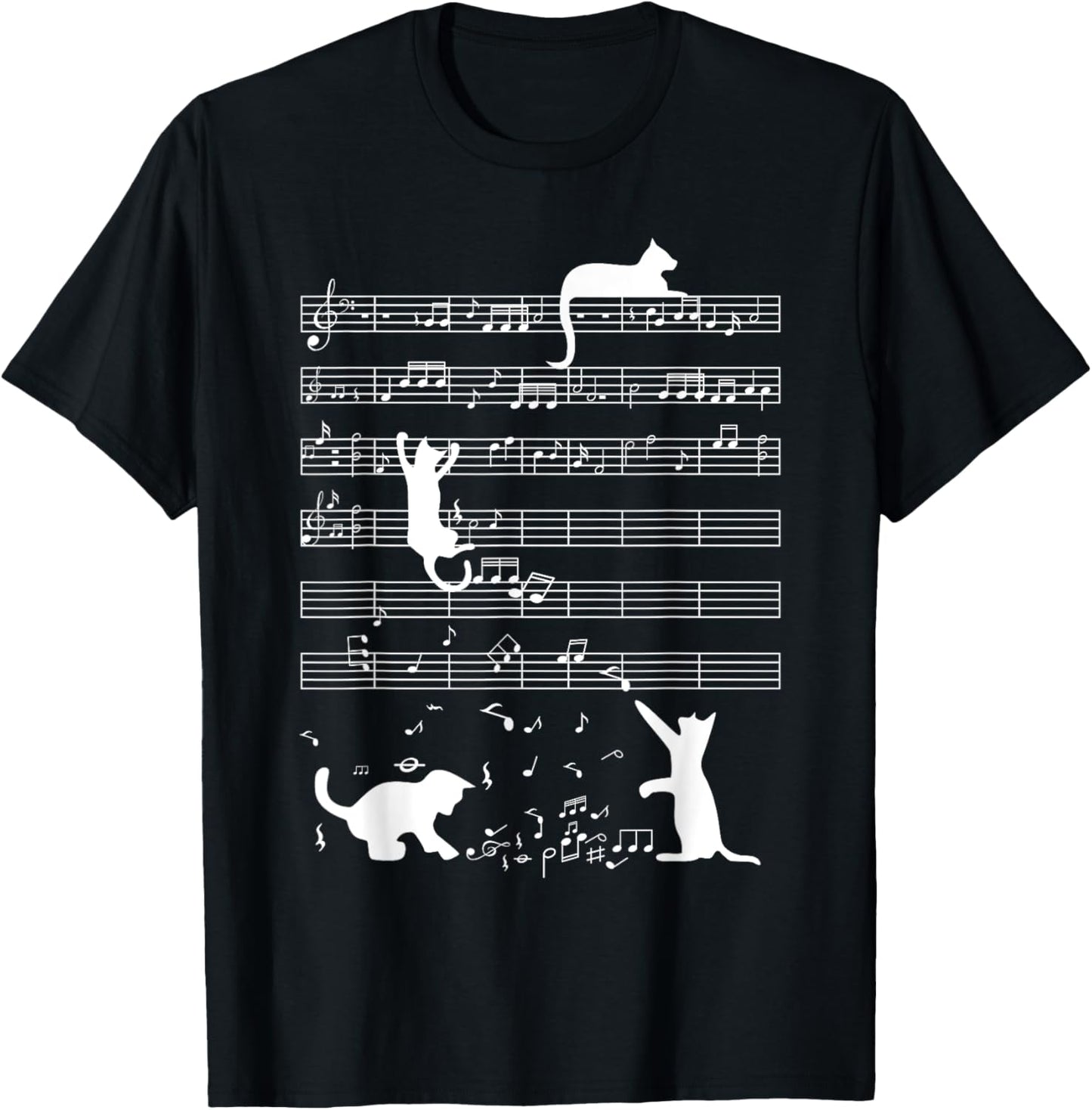 Cute Cat Kitty Playing Music Note Funny Clef Musician Art Men Women Girls Kids T-Shirt - T-Shirt | Black