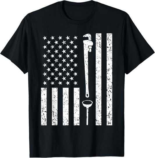 American Flag Plumber Vintage Plumbing Worker Men Funny Gift T-Shirt - T-Shirt | Black