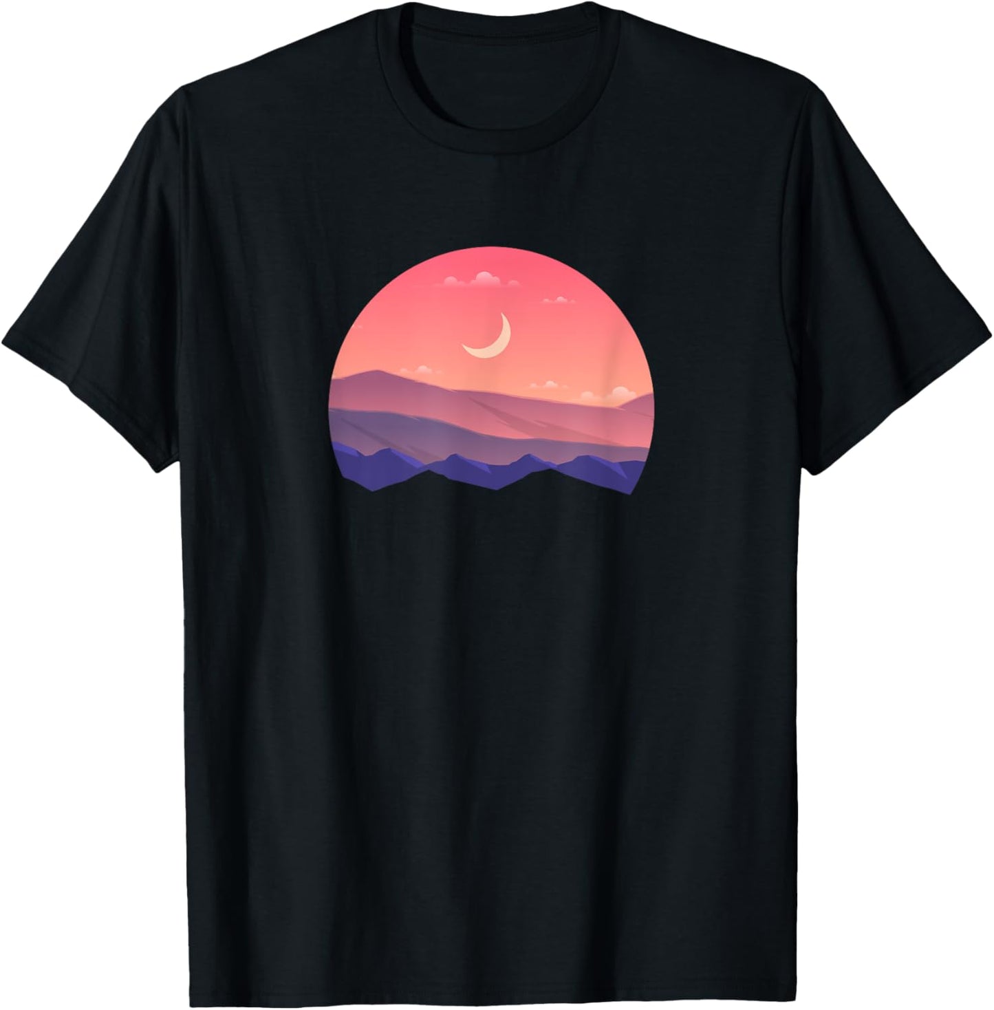 Pink Mountain and Moon Sunset Scene Silhouette T-Shirt - T-Shirt | Black