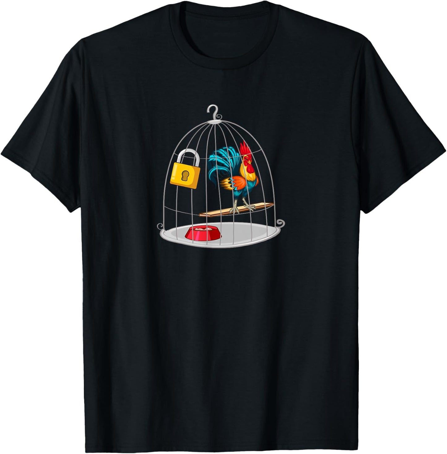 RED ROOSTER COCK MALE CHASTITY Chicken in Cage T-Shirt - T-Shirt | Black