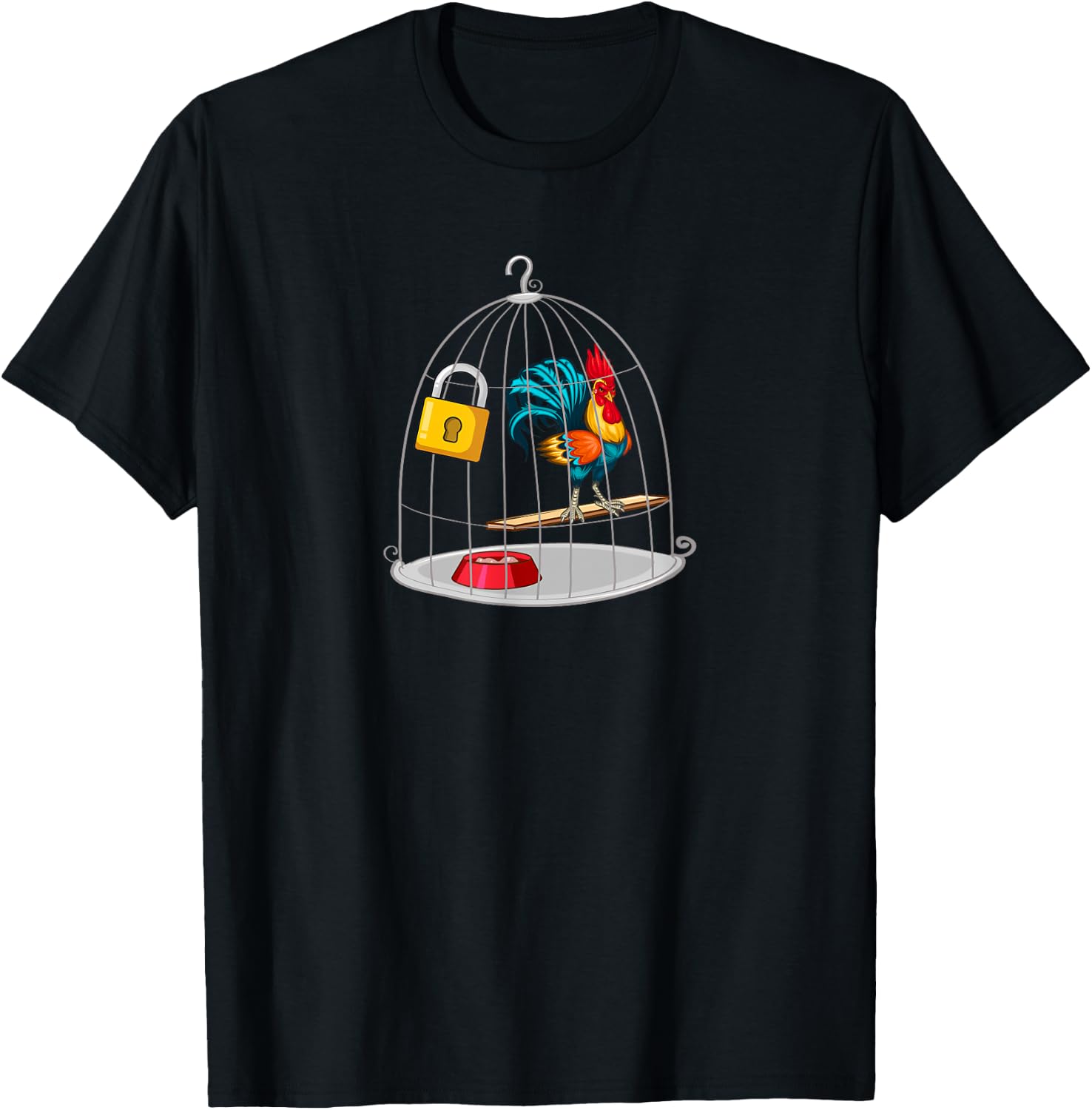 RED ROOSTER COCK MALE CHASTITY Chicken in Cage T-Shirt - T-Shirt | Black