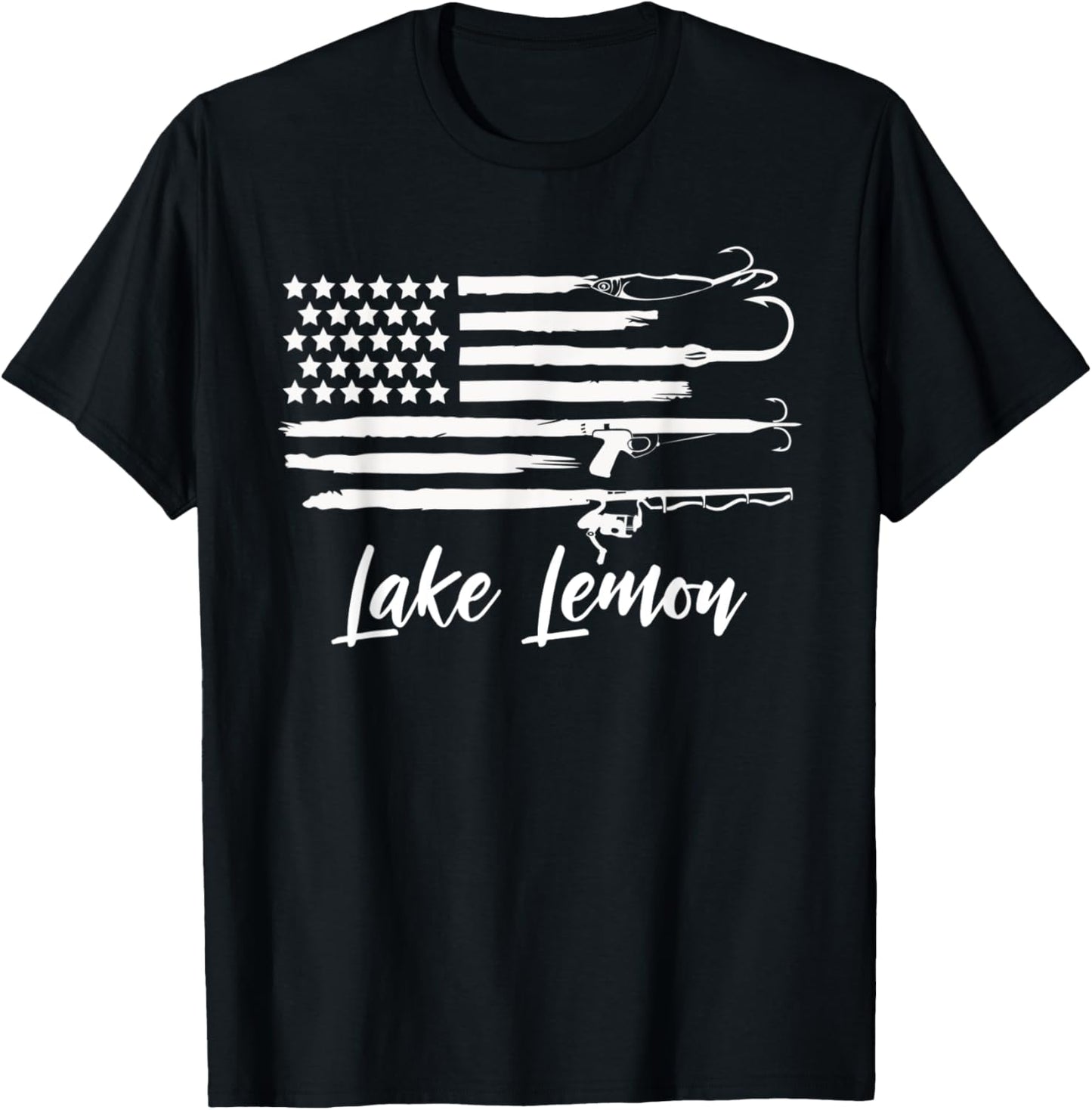 Lake Lemon Indiana Patriotic Fishing Novelty Flag T-Shirt - T-Shirt | Black