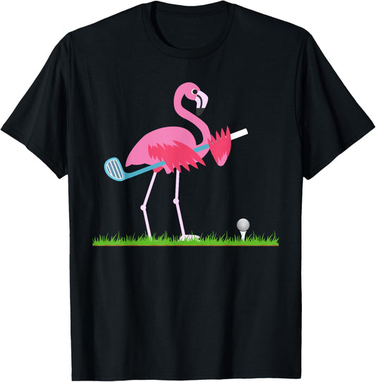 Cute Flamingo Playing Golf Golfer Sport Golfing T-Shirt - T-Shirt | Black