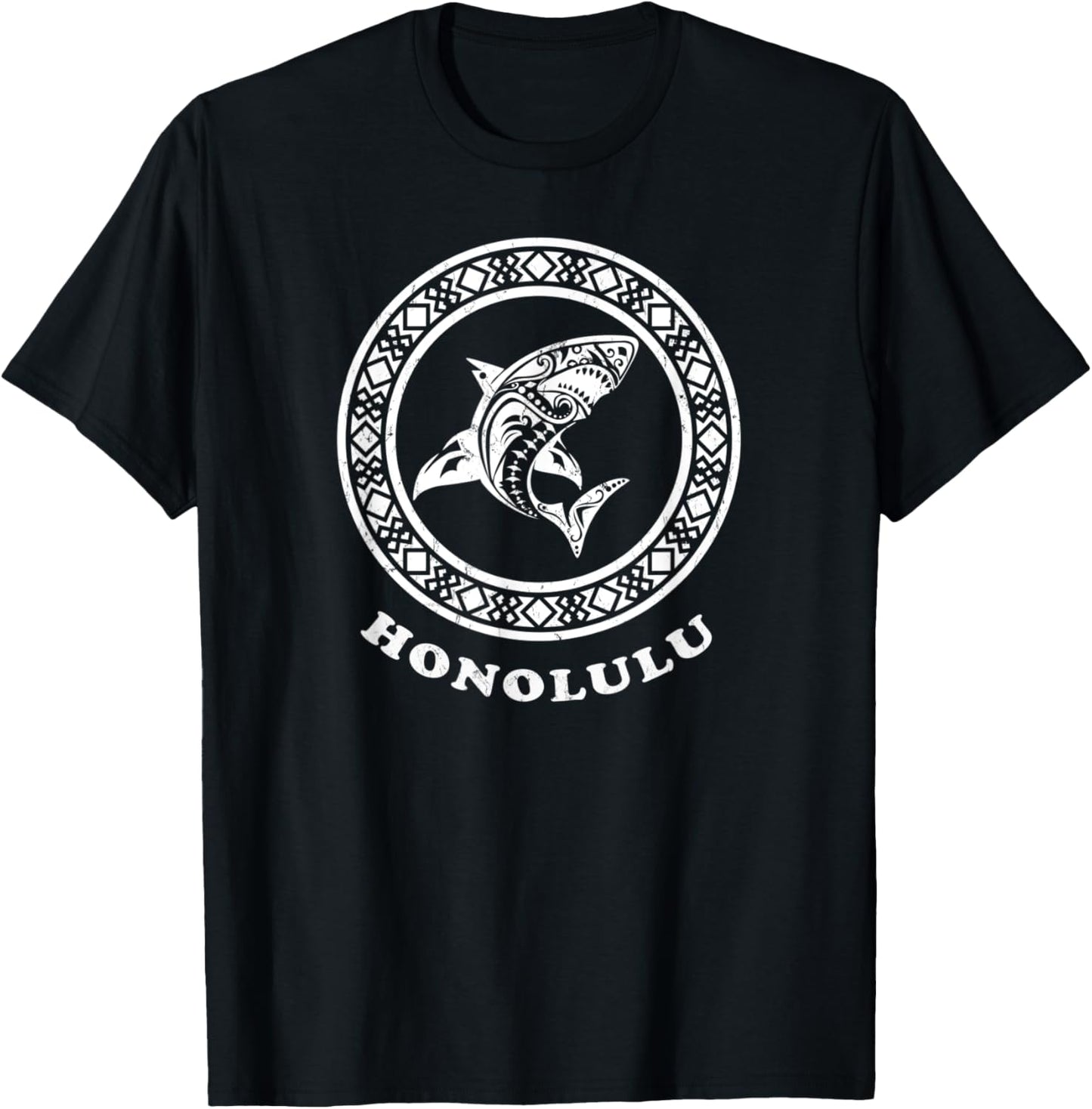 Honolulu Oahu, Hawaii Vintage Tribal Shark Vacation T-Shirt - T-Shirt | Black