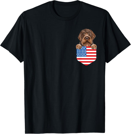 America Flag Wirehaired Pointing Griffon Dog In Pocket T-Shirt - T-Shirt | Black