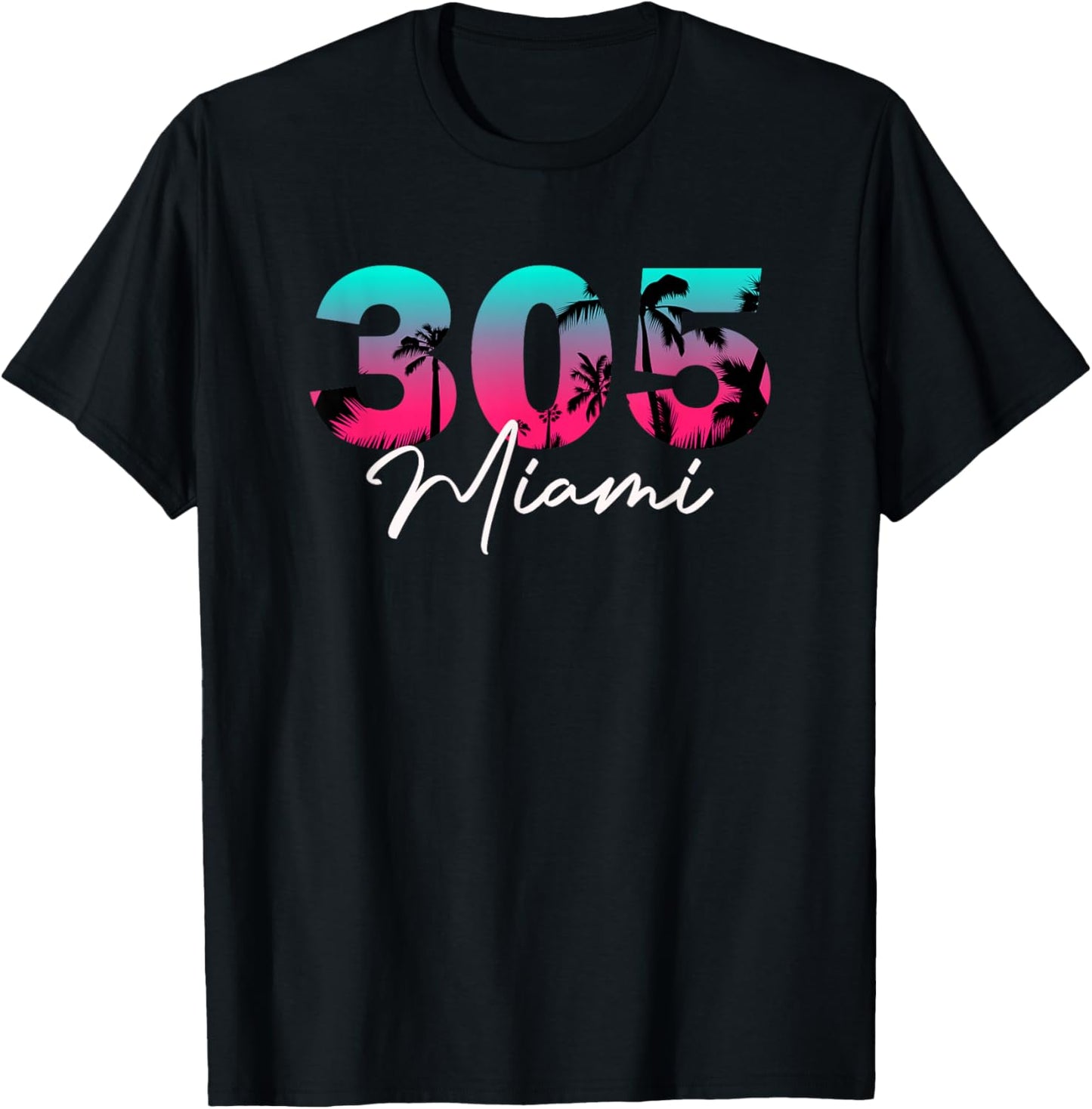 Retro Miami 305 Flamingo Colors T-Shirt - T-Shirt | Black