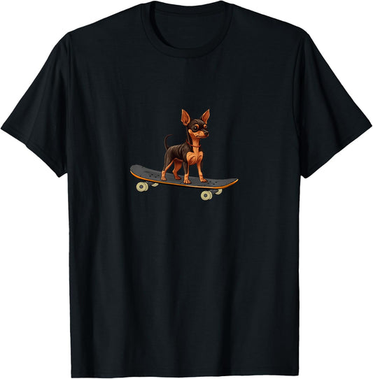 Funny Miniature Pinscher Skateboard Dog Skating Pet Skate T-Shirt - T-Shirt | Black