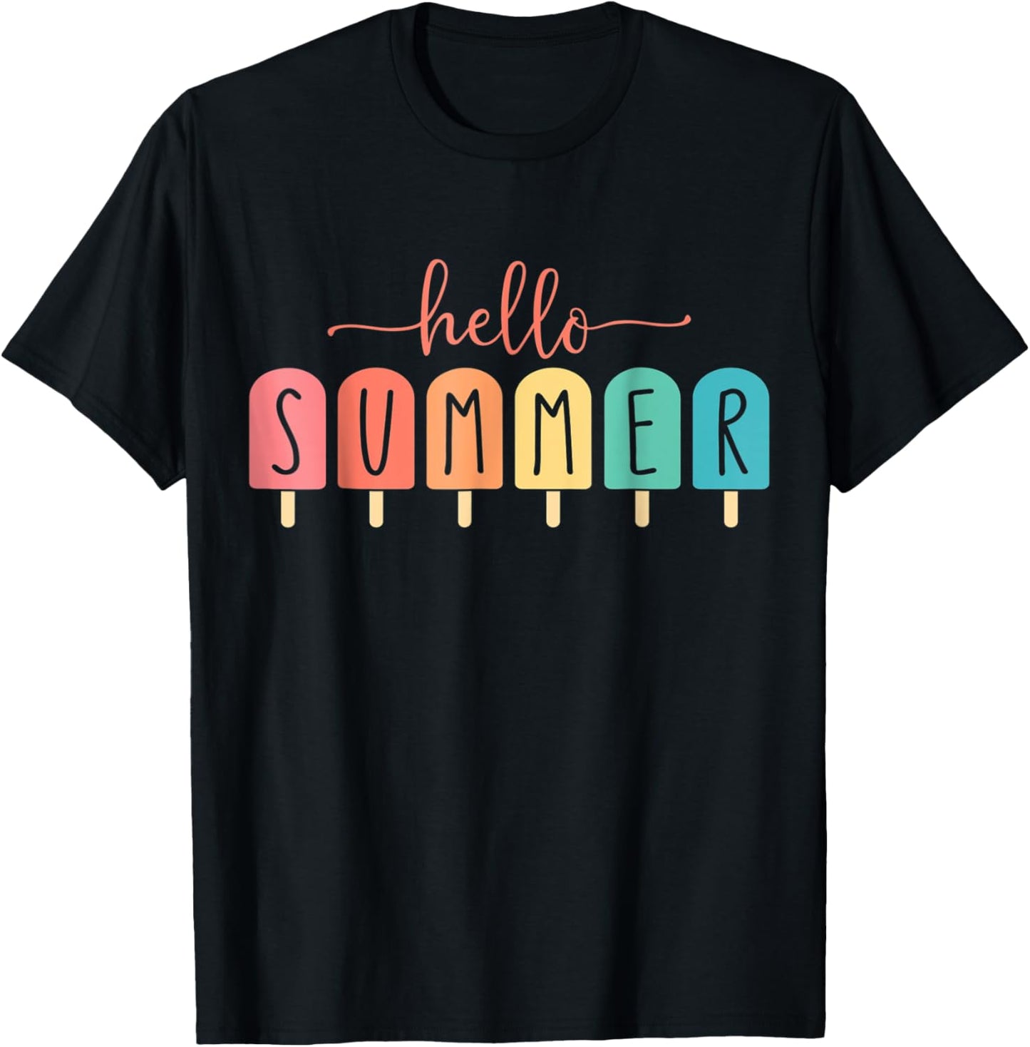 Hello Summer Vacation Ice Cream Popsicle Ice Lolly Men Women Girls Kids T-Shirt - T-Shirt | Black