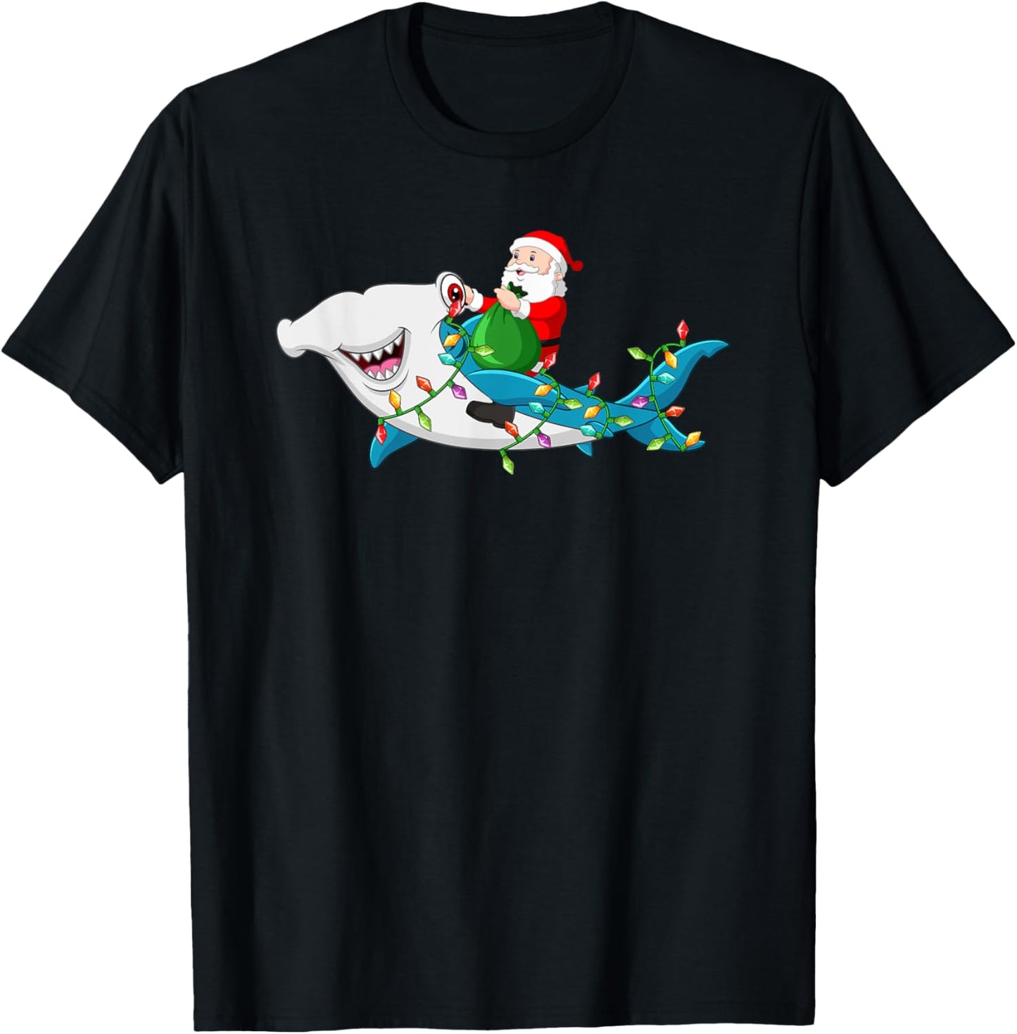 Santa Riding Hammerhead Shark Christmas Light Kids Boys Men T-Shirt - T-Shirt | Black