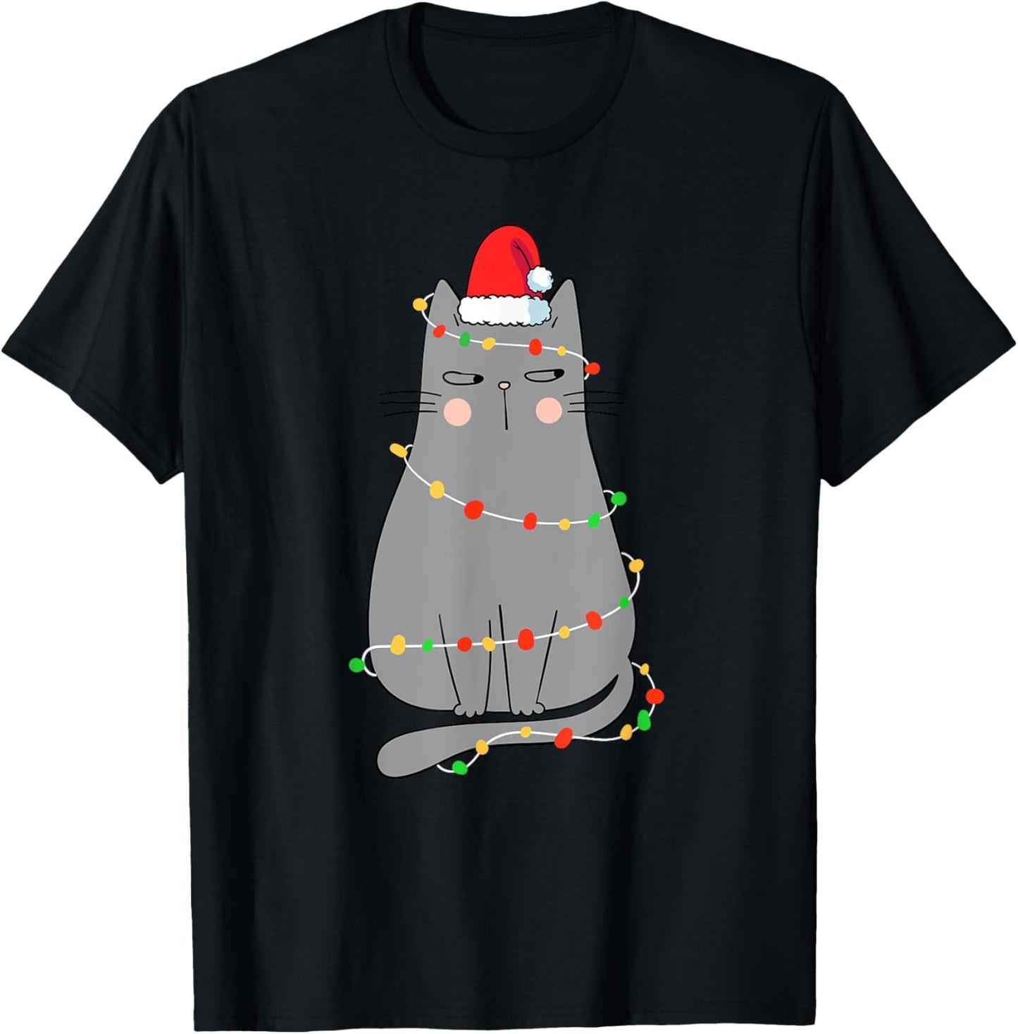 Funny Cat Christmas Shirt Women Christmas Cat Santa Hat Kids T-Shirt - T-Shirt | Black