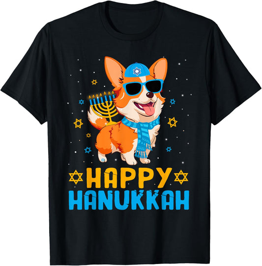 Funny Santa Claus Corgi Dog & Menorah Chanukah Xmas Pajama T-Shirt - T-Shirt | Black
