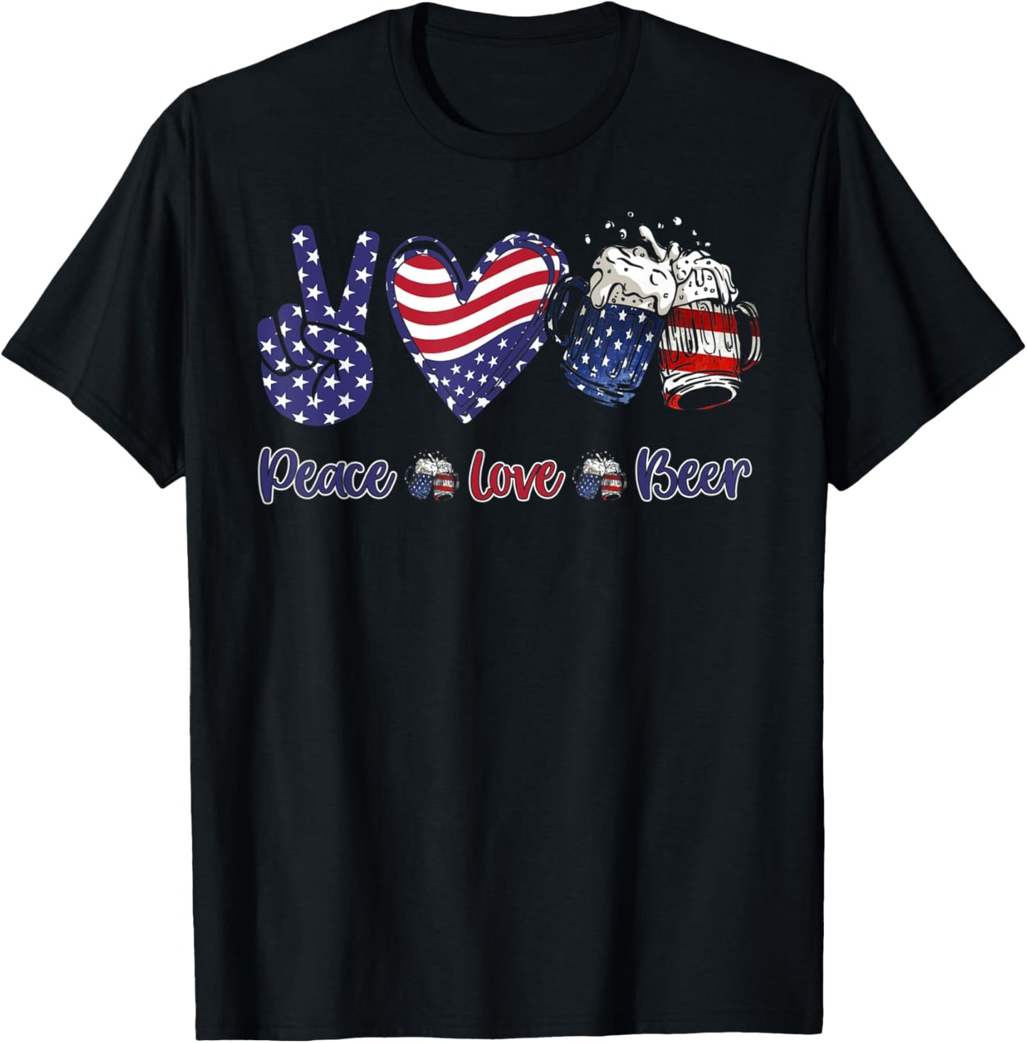 mb35 Peace Love Beer Lover American Flag 4th Of July T-Shirt - T-Shirt | Black
