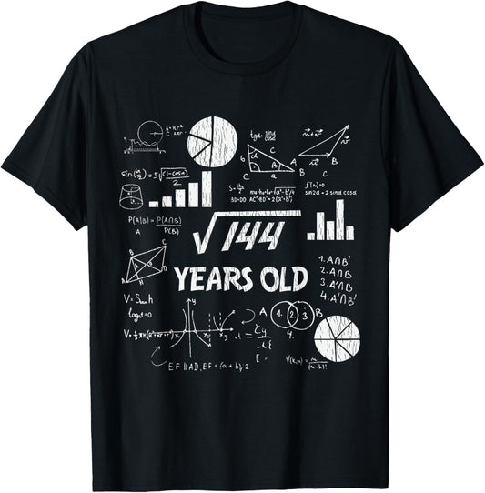 12th Birthday Square Root of 144 Vintage 12 Years Old Bday T-Shirt - T-Shirt | Black
