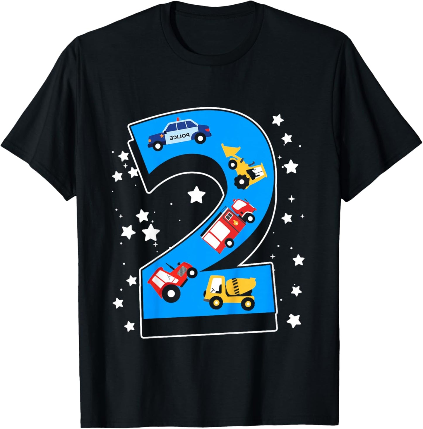 Kids 2nd Birthday 2 Years with firetruck and police car T-Shirt - T-Shirt | Black