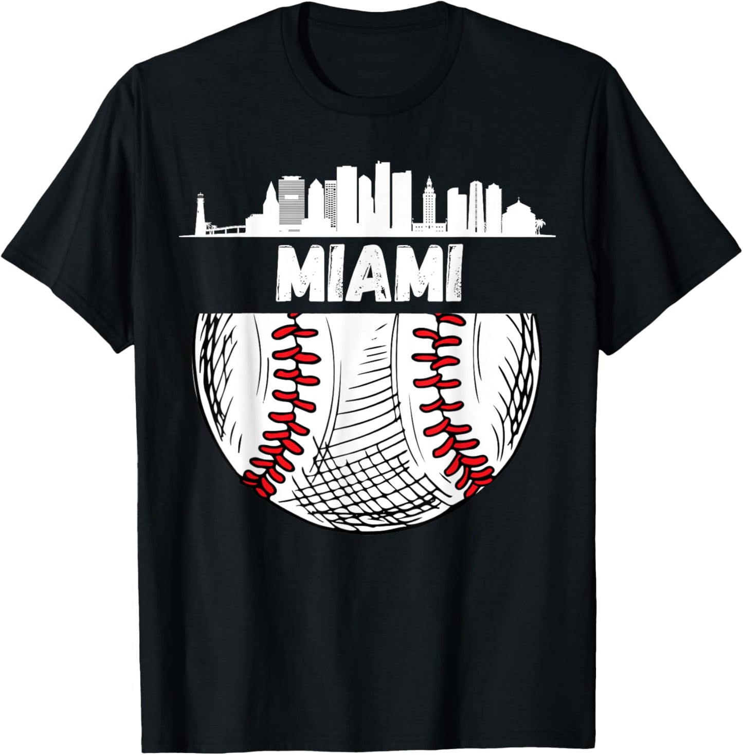 Vintage Miami Baseball Skyline Miami Baseball T-Shirt - T-Shirt | Black