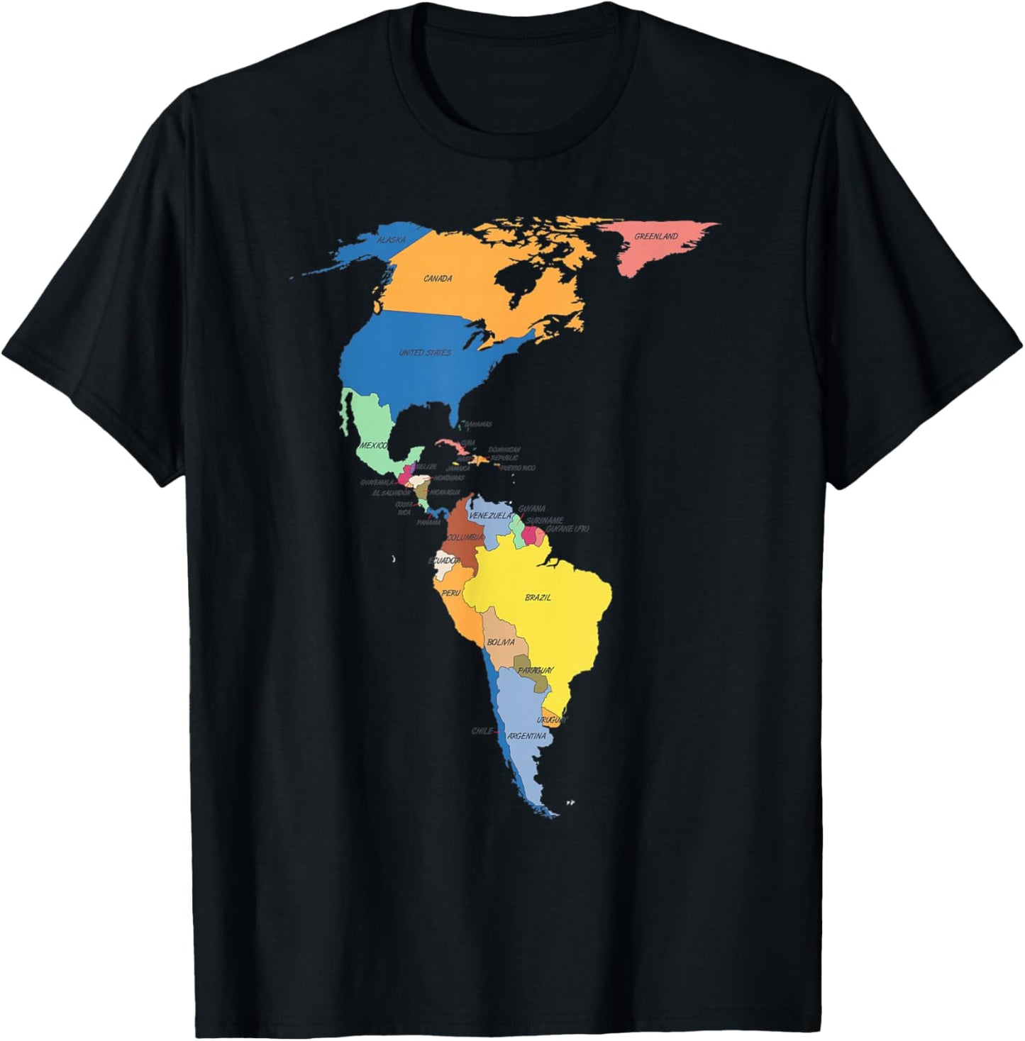colored Map of North and South America with country names T-Shirt - T-Shirt | Black