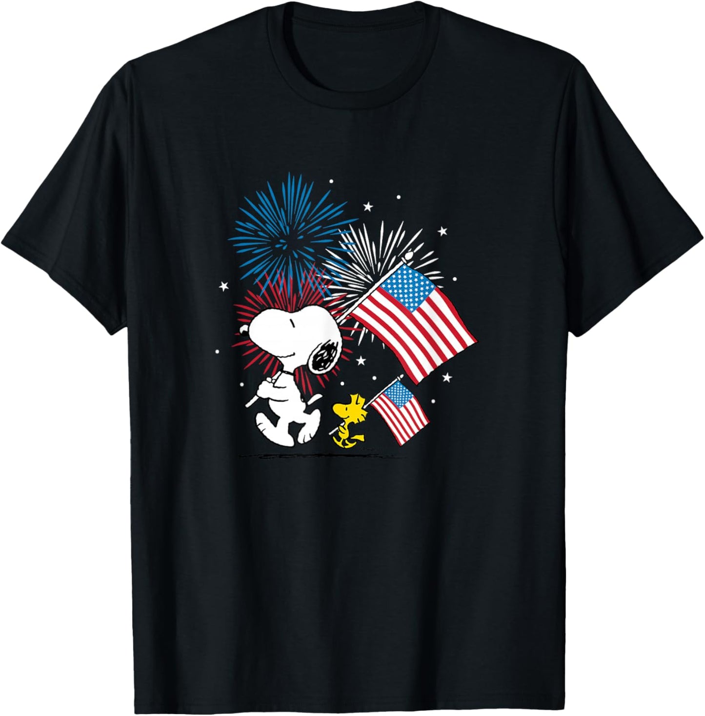 Peanuts - Snoopy & Woodstock American Flags & Fireworks T-Shirt - T-Shirt | Black