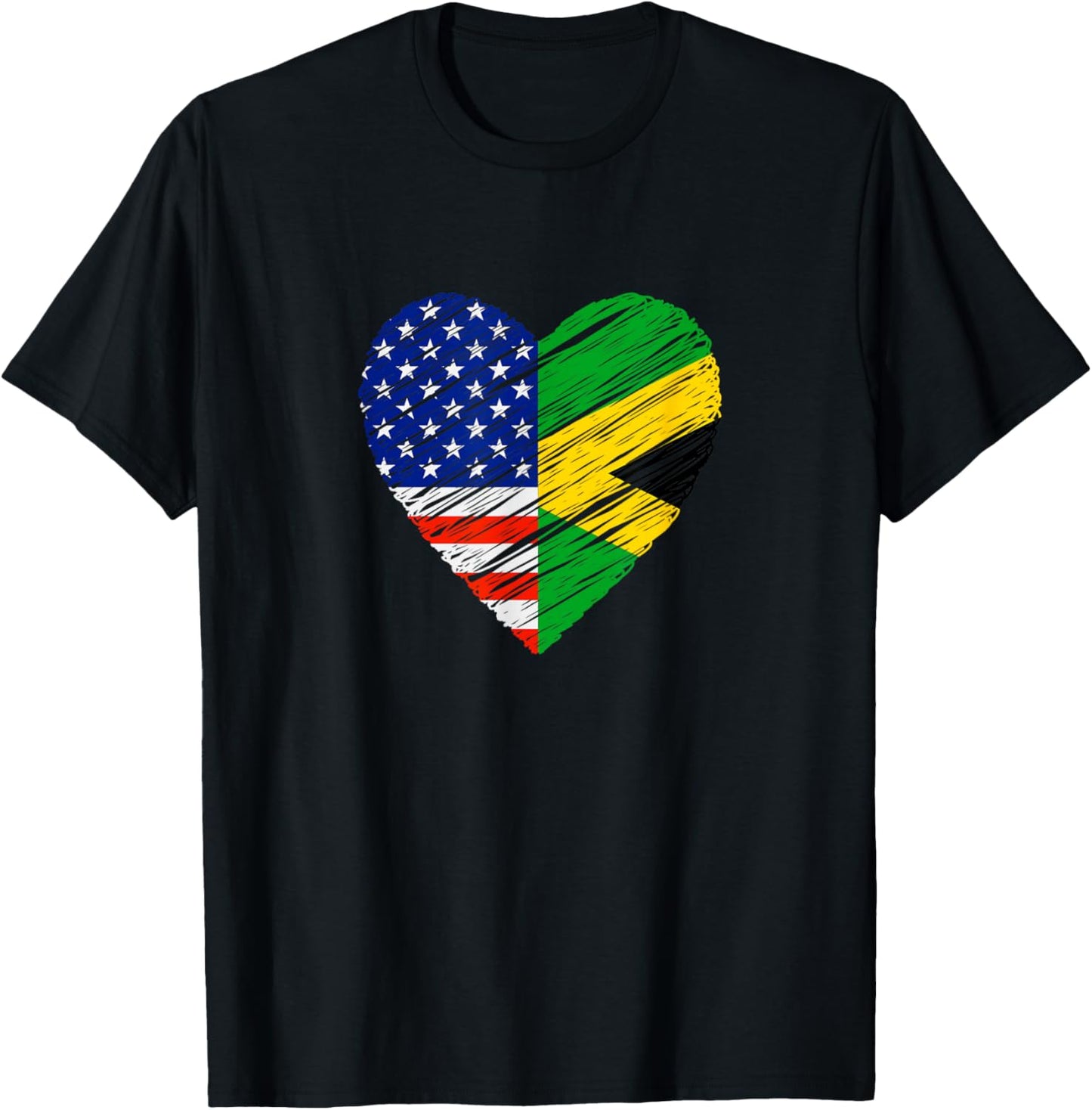 American Jamaica Heart USA Flag Jamaican Flag Love Heart T-Shirt - T-Shirt | Black