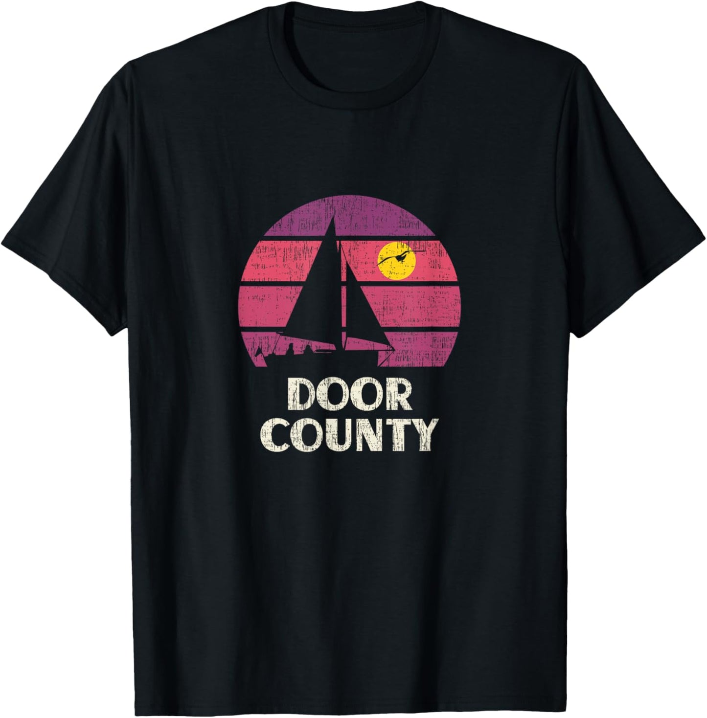 Door County WI Sailing Retro 70s Vintage Sunset Sailboat T-Shirt - T-Shirt | Black
