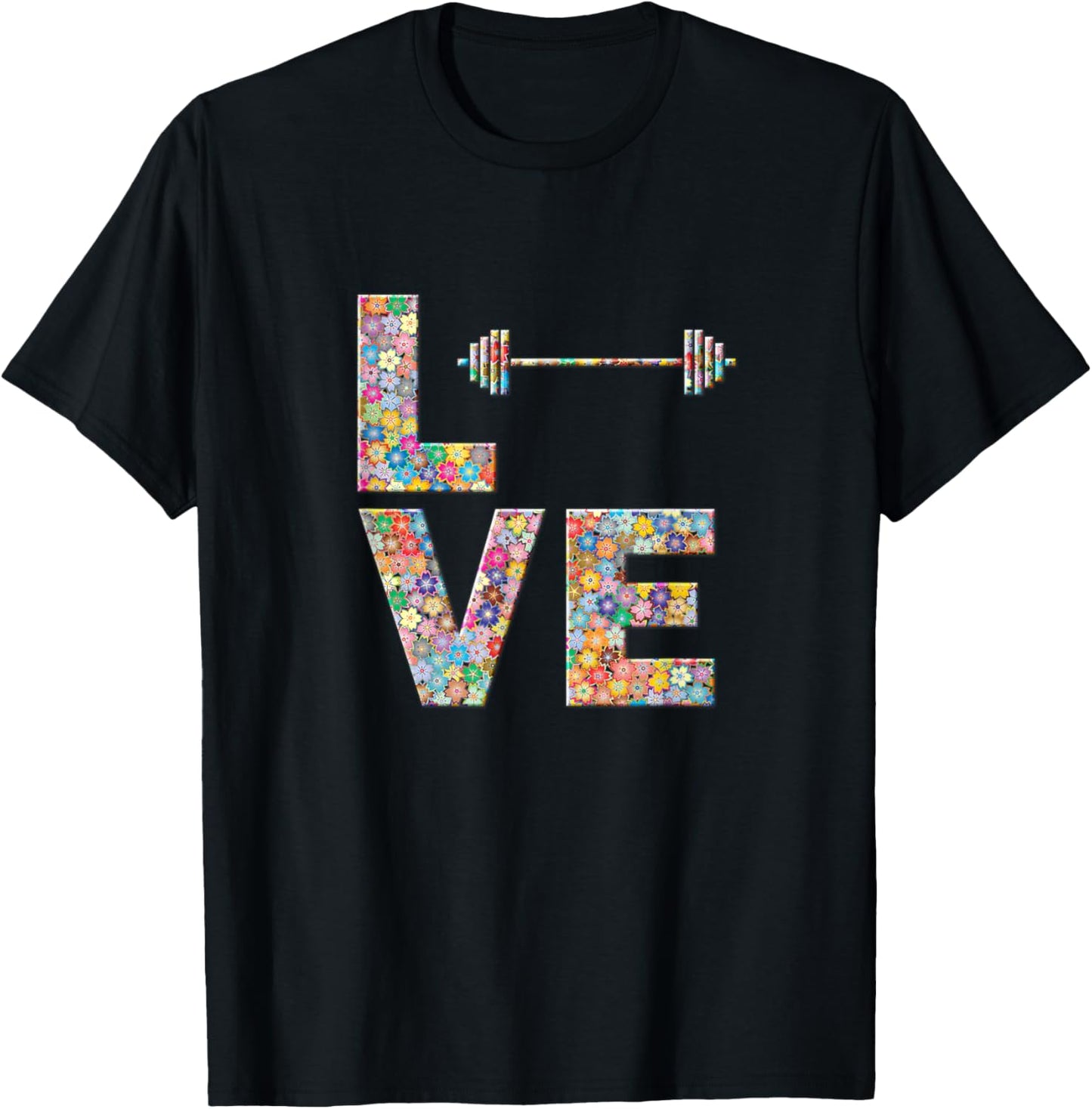 Barbell Gym Workout Love Flowers T-Shirt - T-Shirt | Black