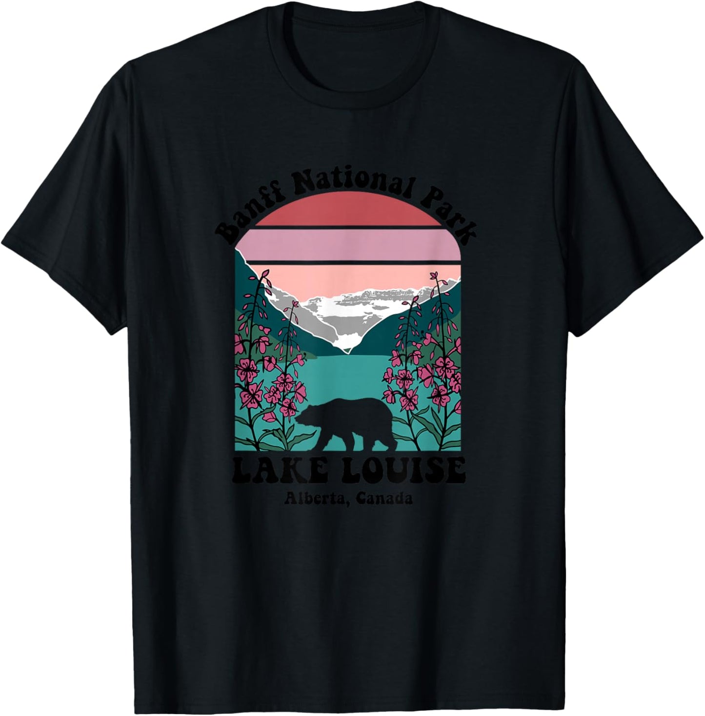 Banff National Park Lake Louise Retro Floral Mountain T-Shirt - T-Shirt | Black