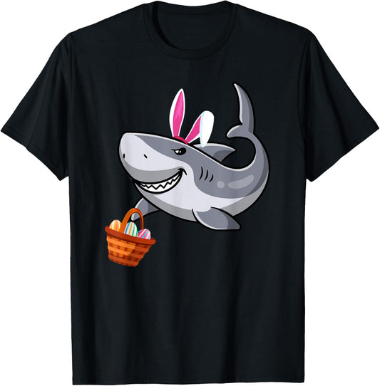 Cute Shark with Easter Basket and Bunny Ears Happy Easter T-Shirt - T-Shirt | Black