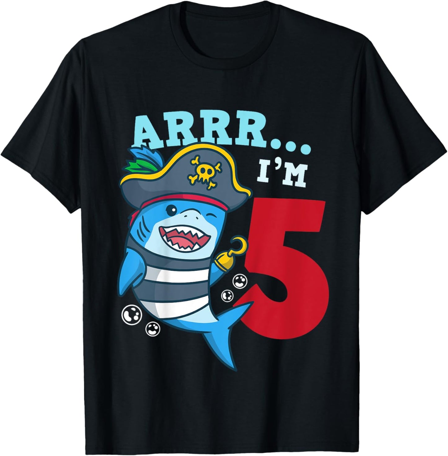 5th Birthday Pirate Shark I’m 5 Five Years Old Gift T-Shirt - T-Shirt | Black