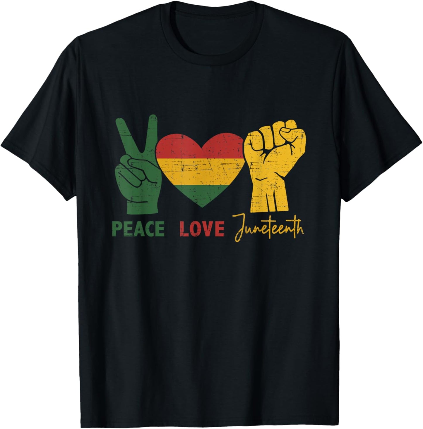 Peace Love Juneteenth with african flag heart and fist T-Shirt - T-Shirt | Black