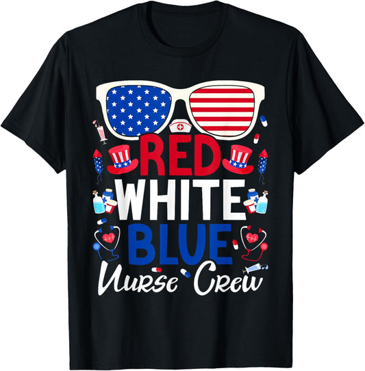 Nurses 4th of July Red White Blue Nurse Crew Patriotic T-Shirt - T-Shirt | Black