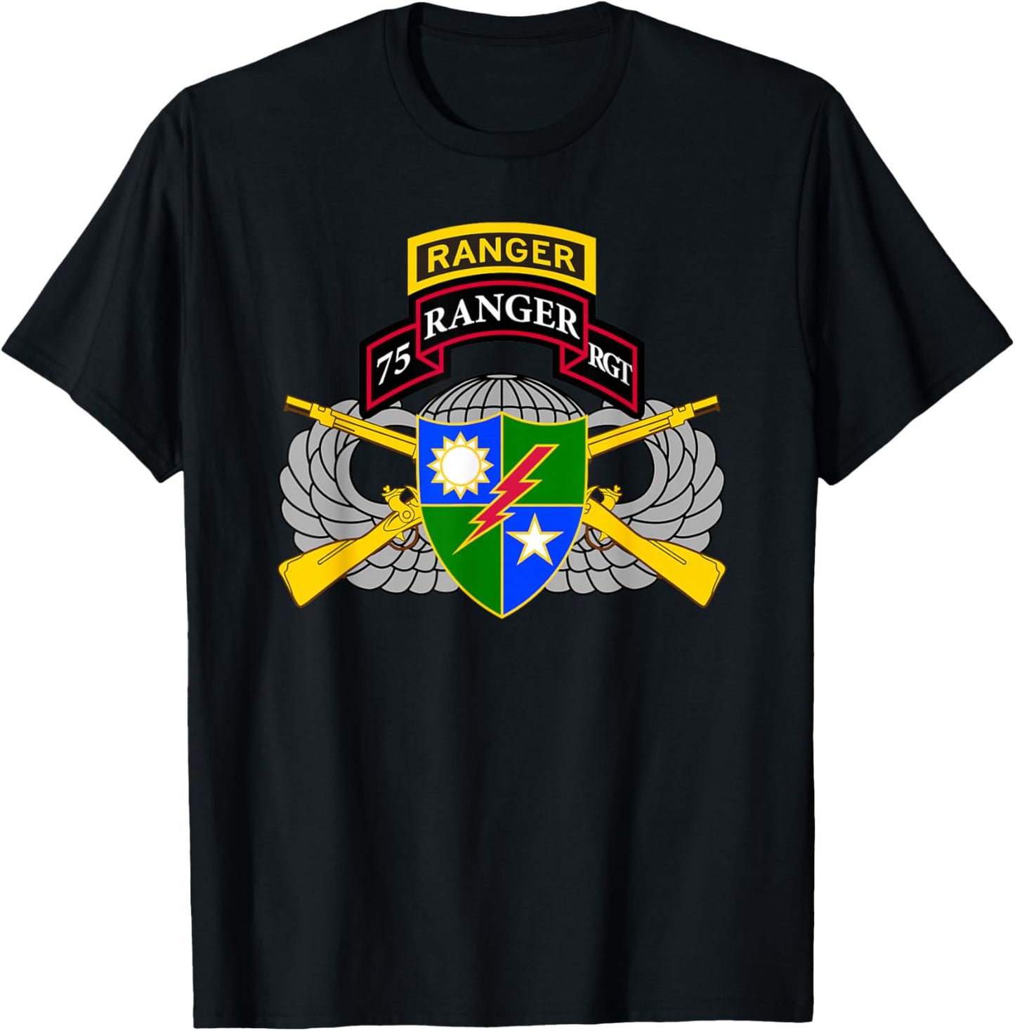 US Army Ranger - 75th Scroll, Tab, Airborne Wings, Rifles T-Shirt - T-Shirt | Black